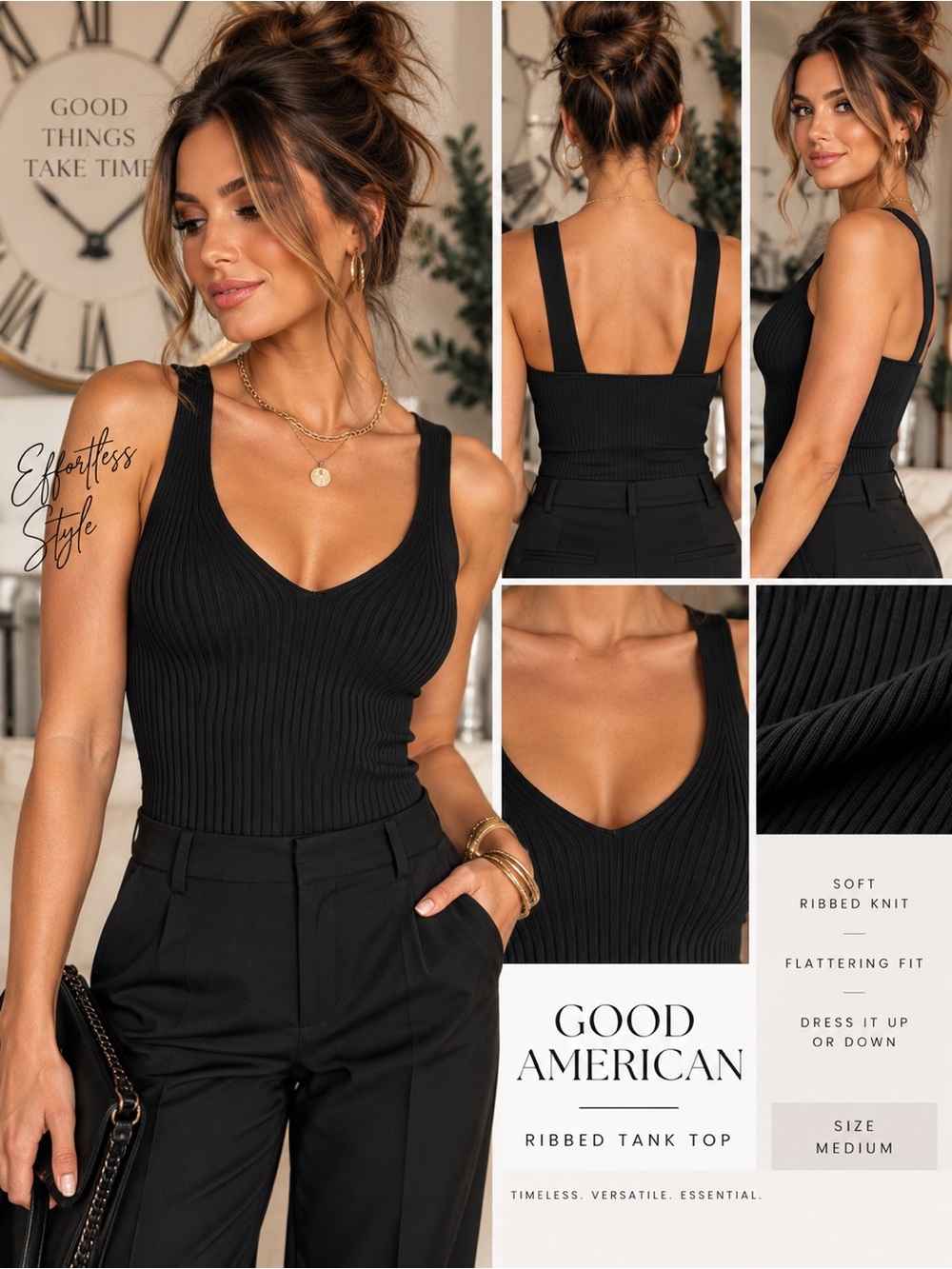 NWT Good American Black Ribbed V‑Neck Tank Top